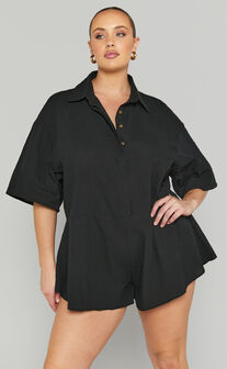 Ankana Playsuit - Short Sleeve Relaxed Button Front Playsuit in Black