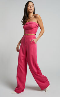 Silvia Two Piece Set - Foldover Top and Wide Leg Pant in Hot Pink