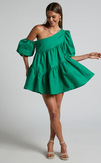 Harleen Mini Dress - Asymmetrical Trim Puff Sleeve Dress in Green