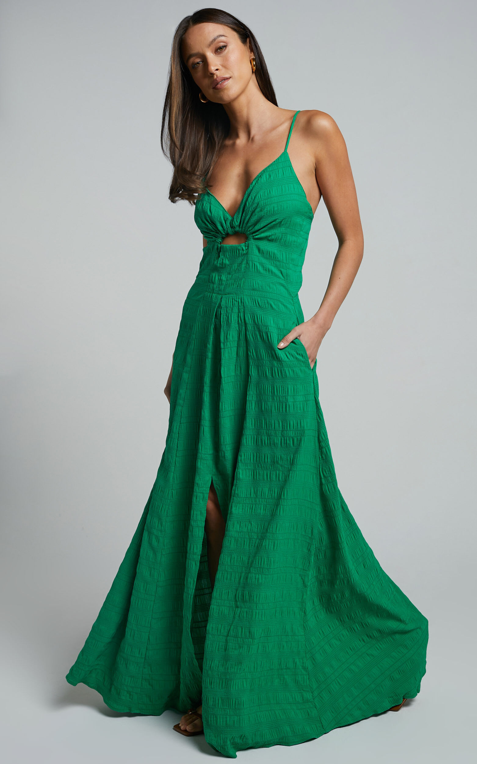 Marisse Maxi Dress - Cut Out Front Split Cross Back Textured Dress in Green - 06, GRN5