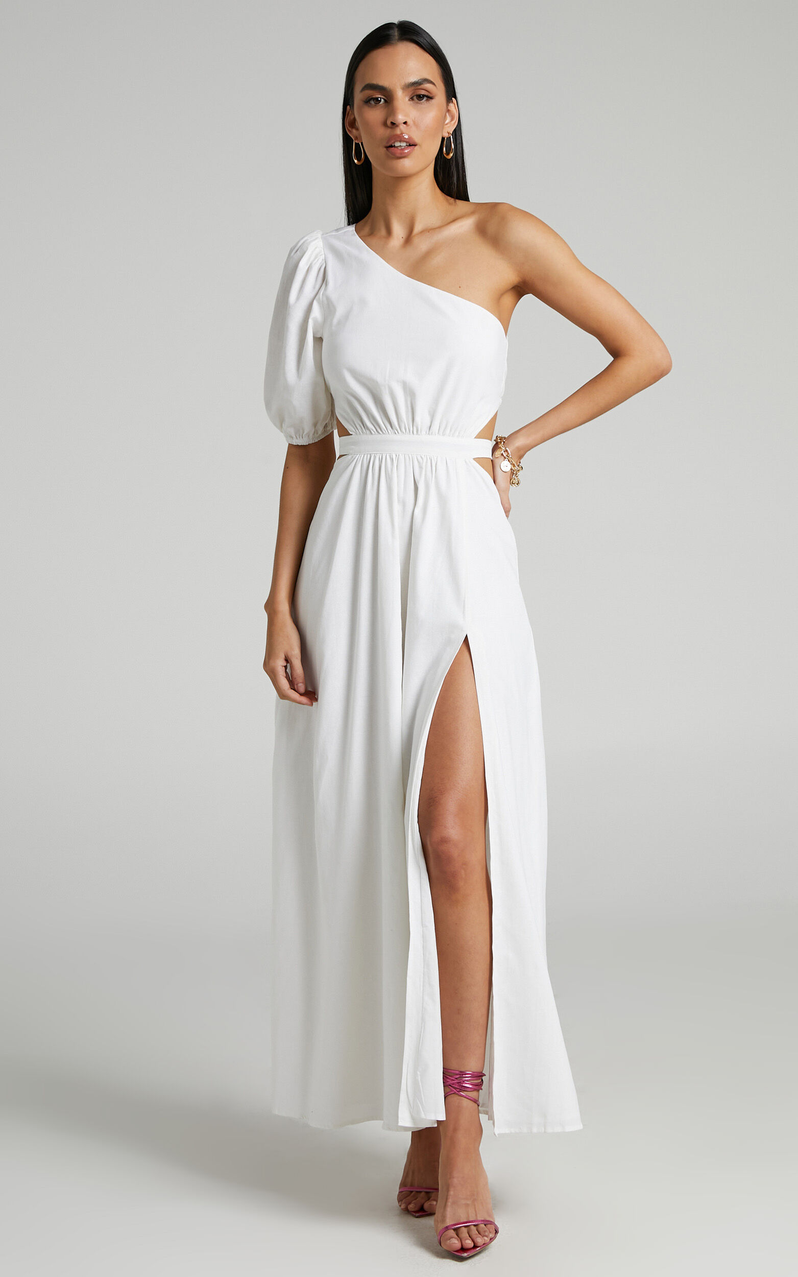 Cedie Midaxi Dress - One Shoulder Puff Sleeve Dress in White - 04, WHT1