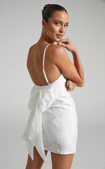 Allea Jacquard V Neck Wrap Bodice Bow Back Mini Dress in White