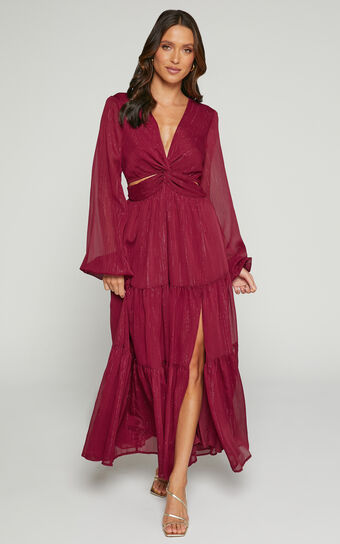 Edelyn Midaxi Dress - Cut Out Balloon Sleeve Tiered Dress in Burgundy