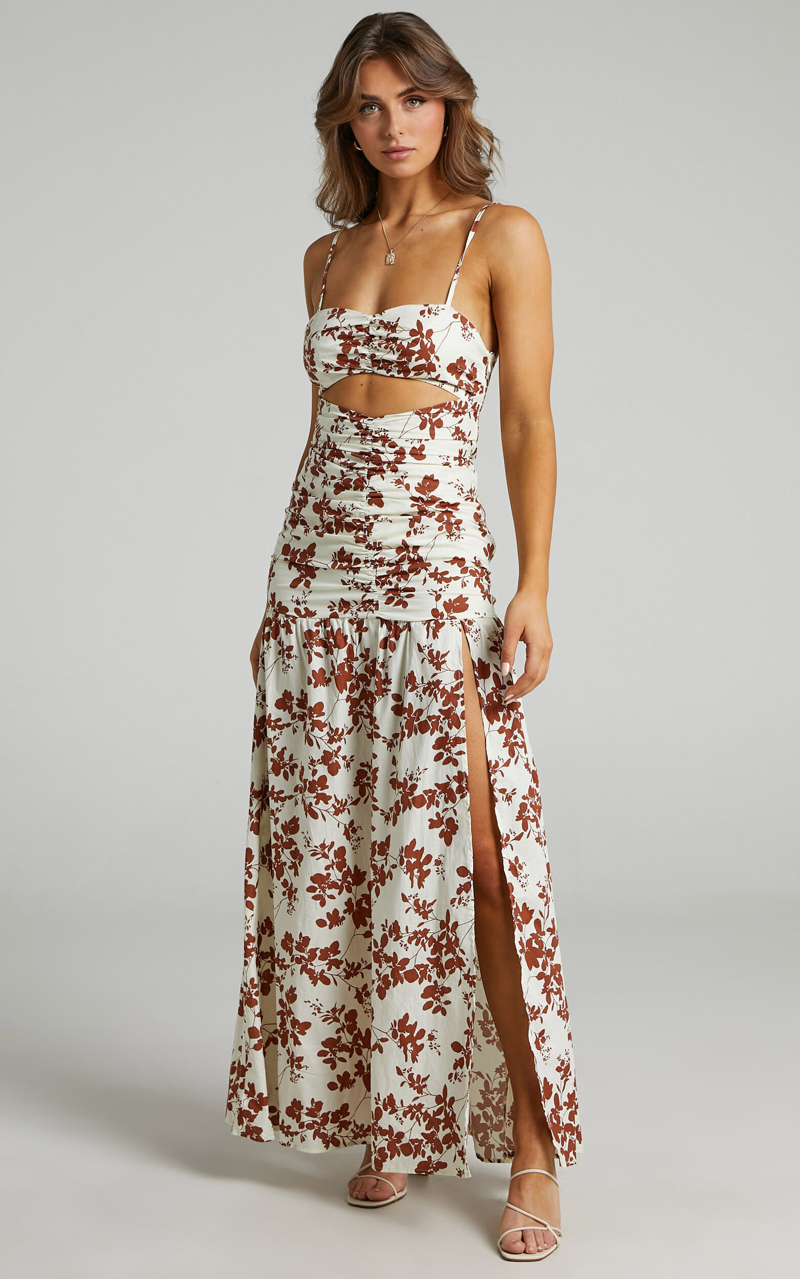 Mikaela Ruched Front Underbust Cut Out Maxi Dress in Shadow Floral - 06, BRN1, super-hi-res image number null
