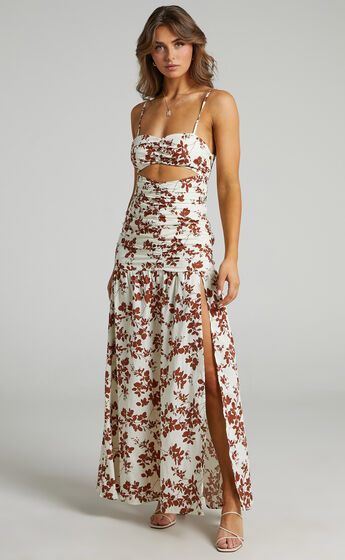 Mikaela Ruched Front Underbust Cut Out Maxi Dress in Shadow Floral