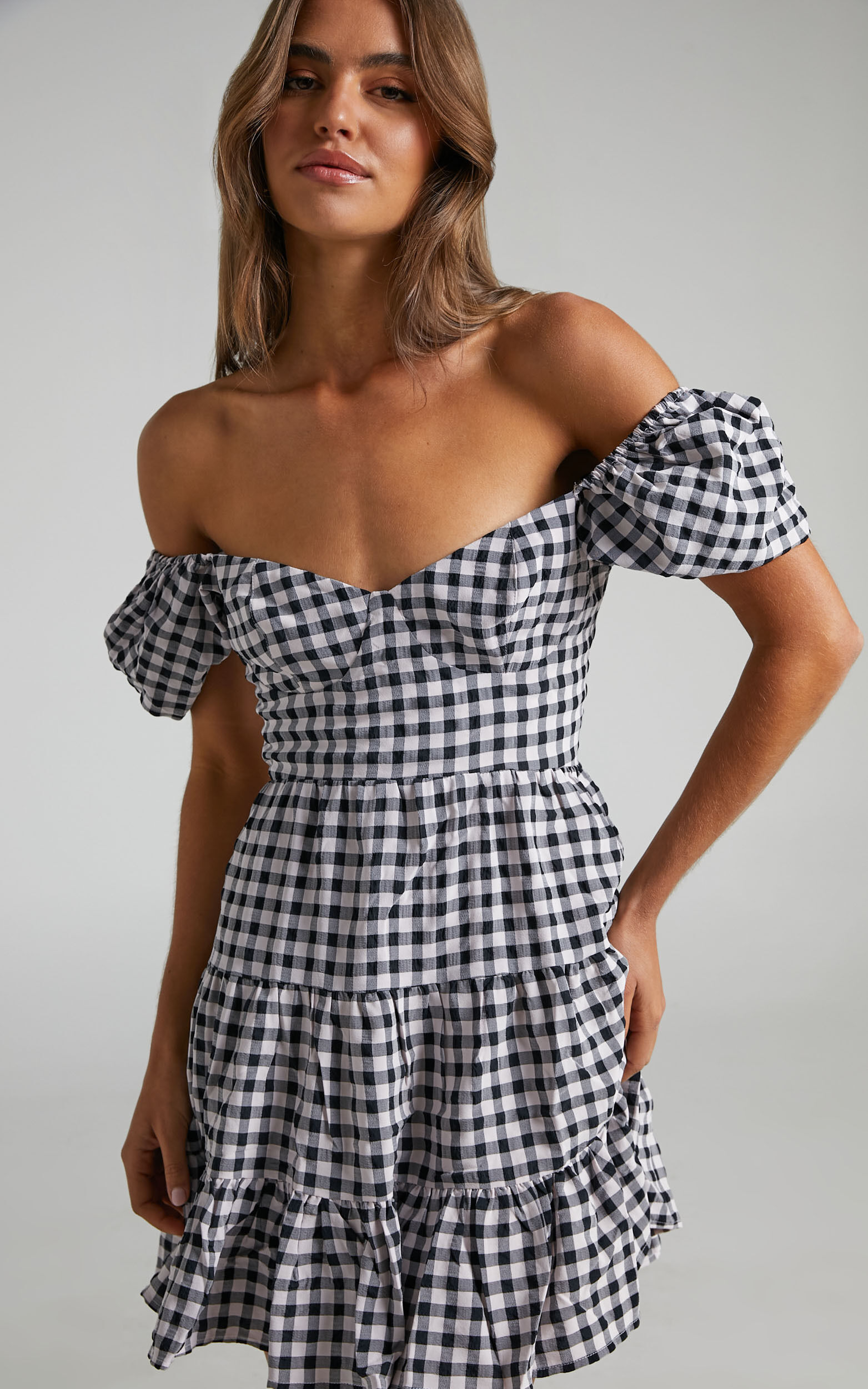 Mirai Sweetheart Tiered Puff Sleeve Mini Dress in Black and White Check