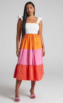 Eugenna Cotton Tiered Colour Block Midi Dress in Multi