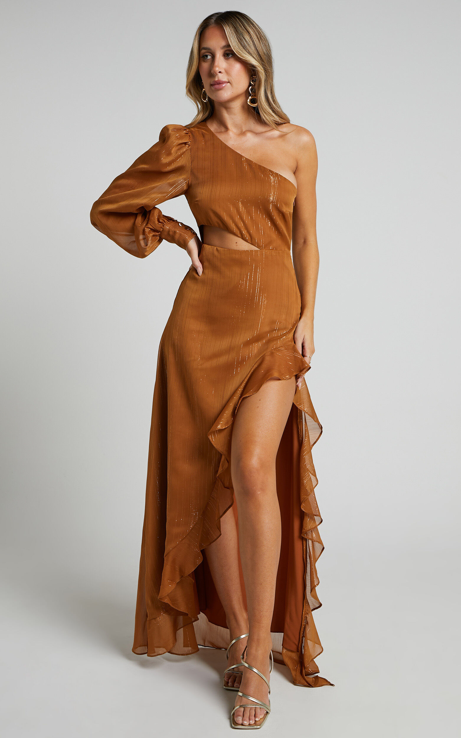 Nicha Maxi Dress - One Shoulder High Low Hem Dress in Rust - 04, BRN1, super-hi-res image number null