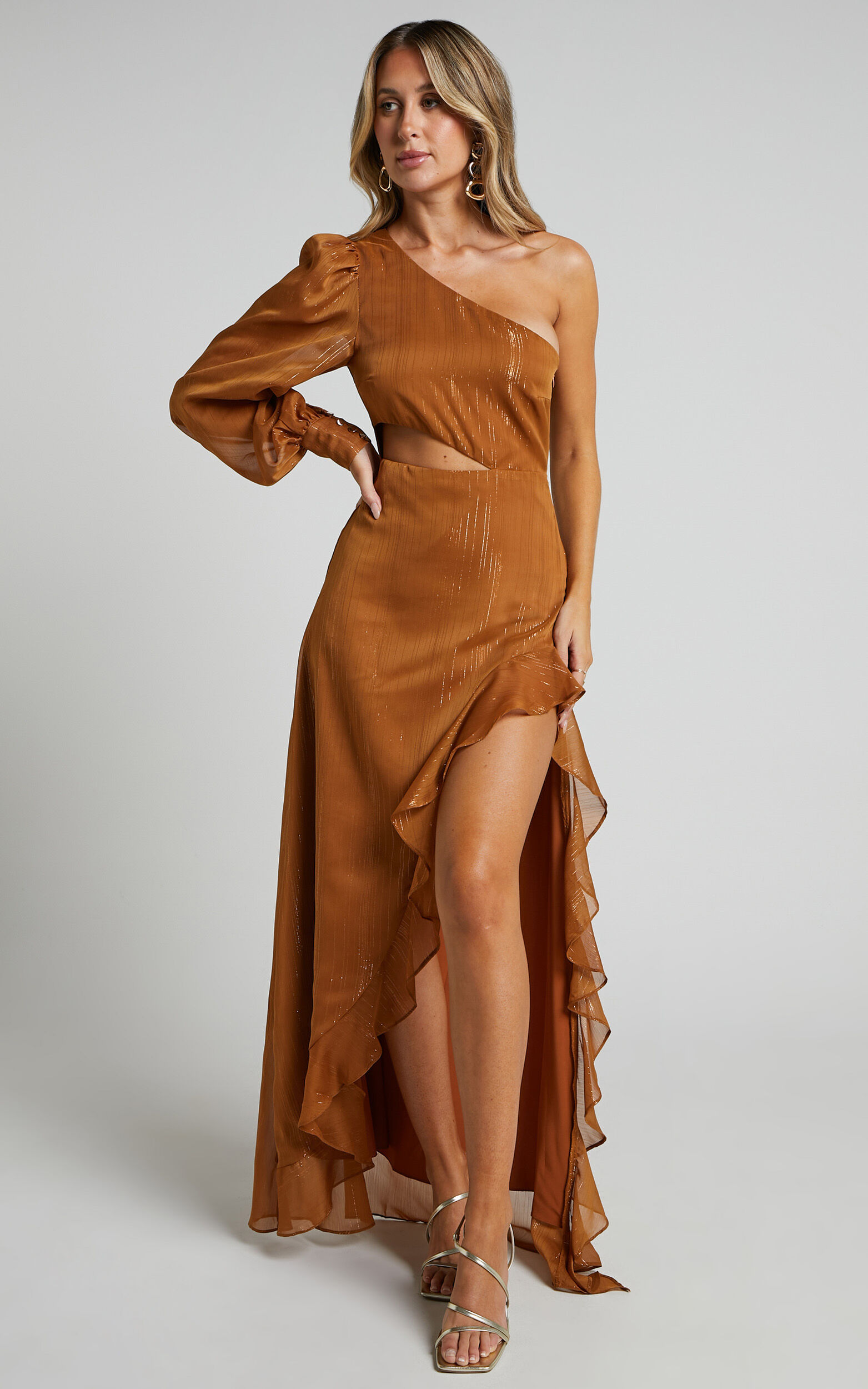 Nicha Maxi Dress - One Shoulder High Low Hem Dress in Rust - 04, BRN1