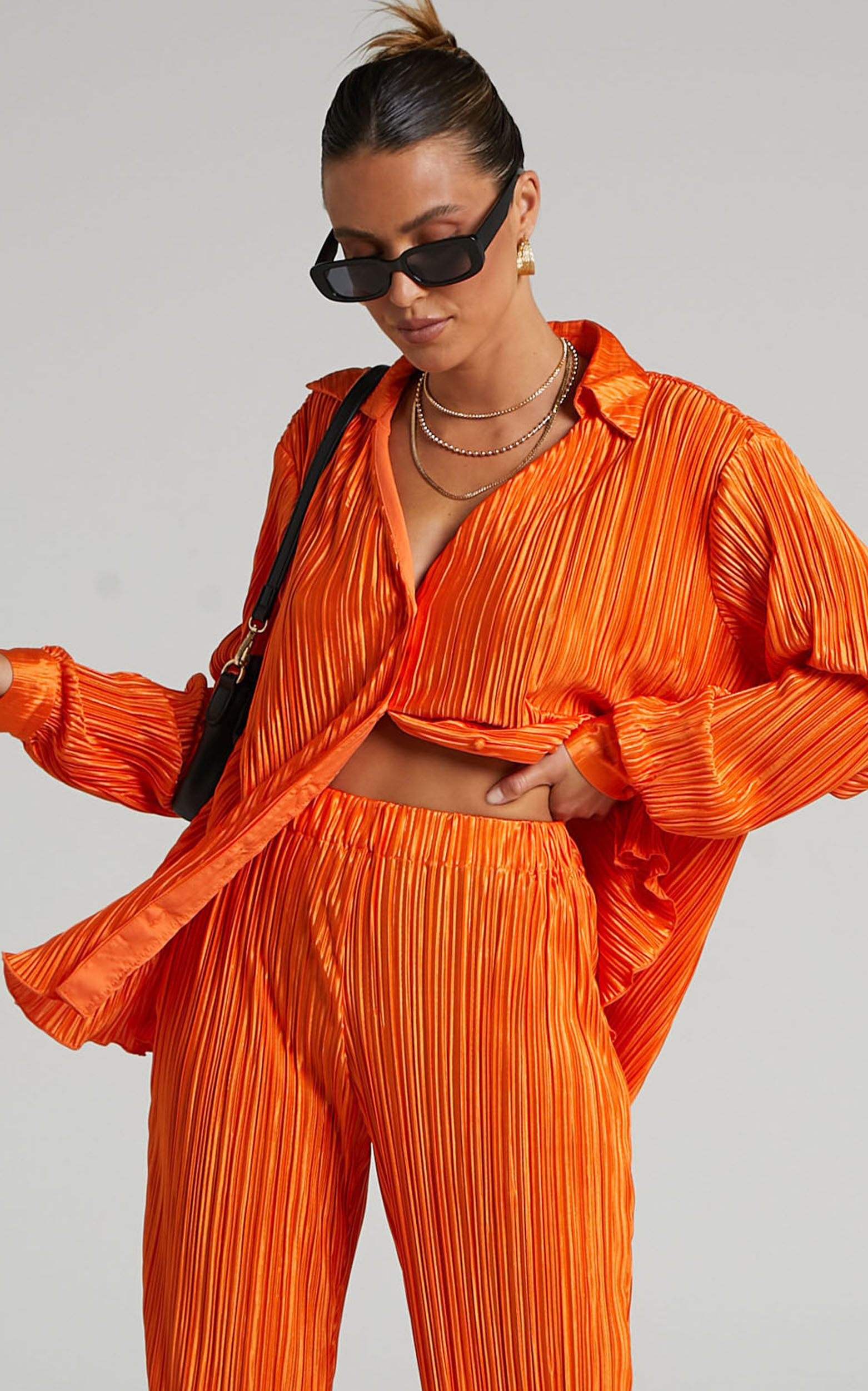 Beca Plisse Button up Shirt in Bright Orange - 06, ORG6, super-hi-res image number null