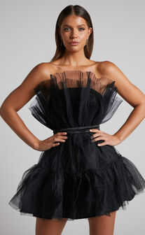 Amalya Mini Dress - Tiered Bow Detail Tulle Fit and Flare Dress in Black