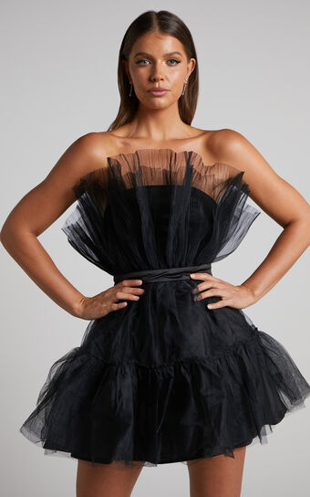 Amalya Mini Dress - Tiered Bow Detail Tulle Fit and Flare Dress in Black