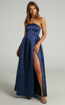 Queen Of The Show Strapless Maxi Dress in Navy Satin