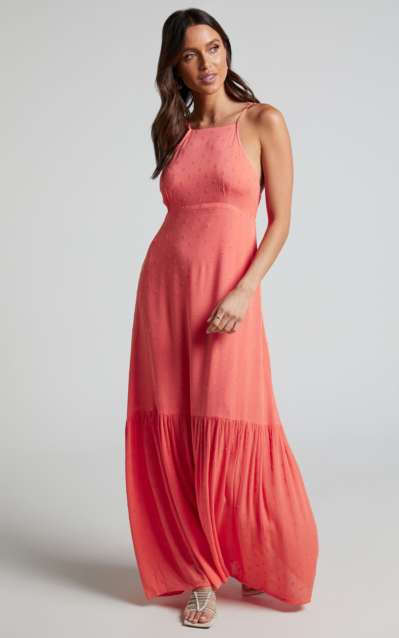 Cariele Midaxi Dress - Strappy Tiered Dotted Dress in Coral - 06, PNK2