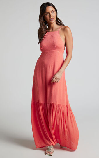 Cariele Strappy Tiered Dotted Maxi Dress in Coral