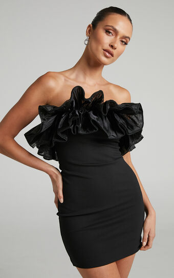 Abella Strapless Ruffle Detail Bodycon Mini Dress in Black