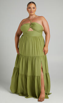 Carmelle Halter Cut Out Tiered Maxi Dress in Sage