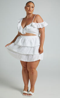 Mikasa Off Shoulder Mini Dress with Frills in White