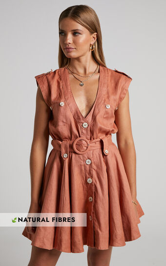 Amalie The Label - Alexandre Linen Utility Style Mini Dress in Toffee