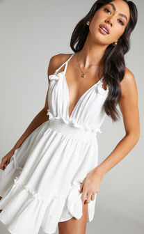 Megan V Neck Tie Back Mini Dress in White