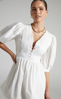 Zandra Puff Sleeve Poplin Mini Dress in White