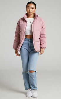 Frankelle Zip Front Quilted Puffer Jacket in Peach