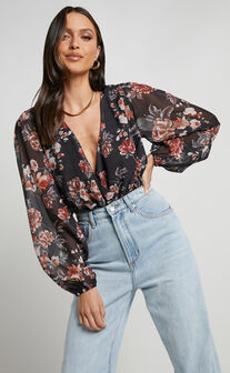 Sharron Wrap Front Relaxed Sleeve Bodysuit in Black Floral