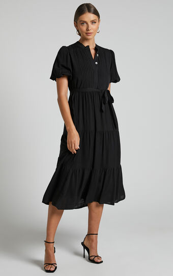Lenessia Midi Dress - Puff Sleeve Collared Smock Dress in Black