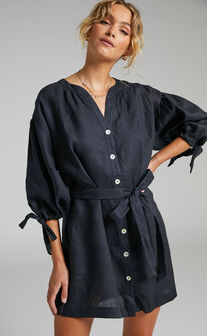 Amalie The Label - Bellafleure Linen Balloon Sleeve Relaxed Button Front Mini Dress in Black