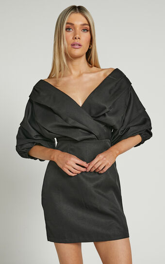 Anastasija Mini Dress - Off Shoulder V Neck Dress in Black