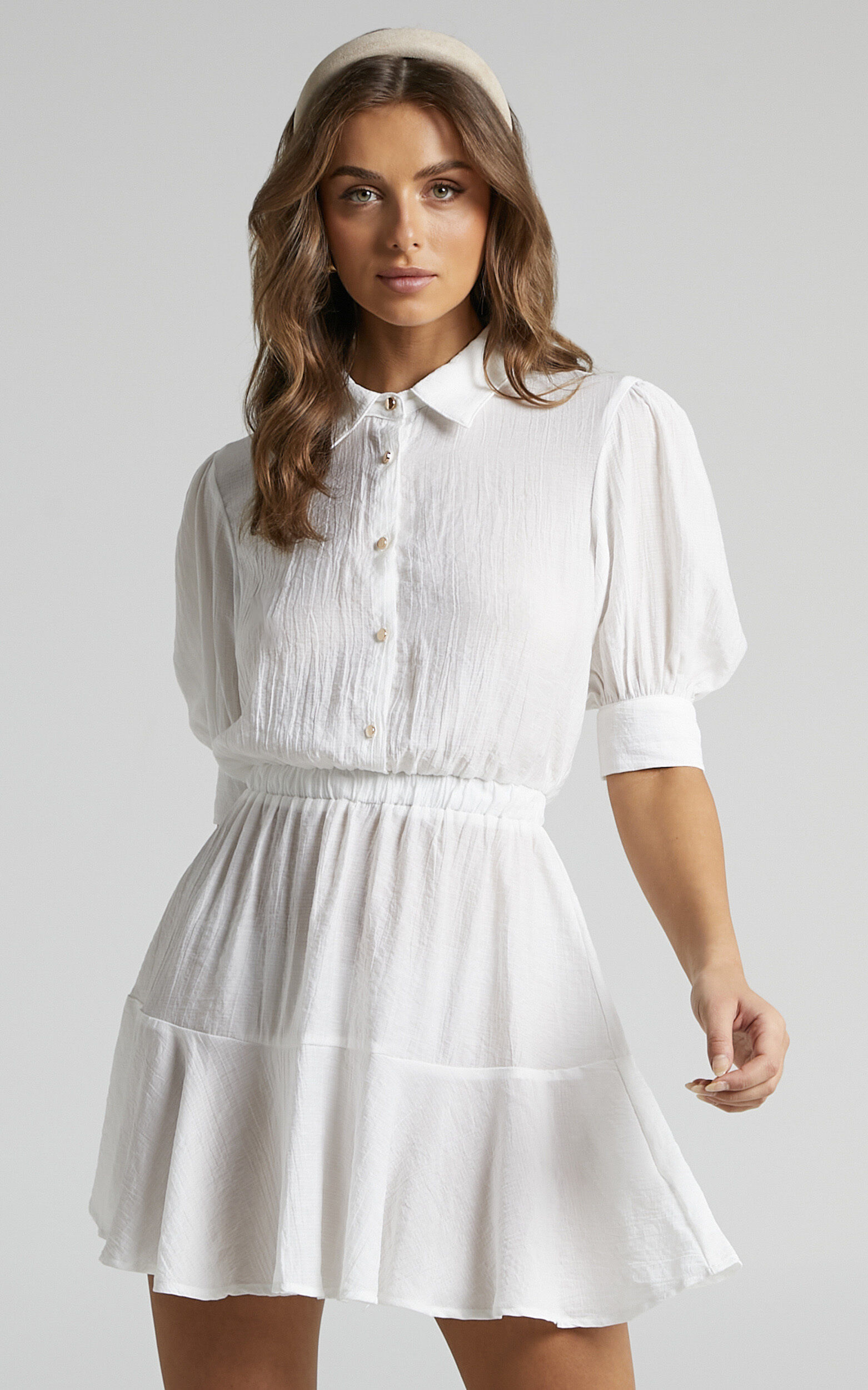 Meriame Collared Puff Sleeve Button Up Mini Dress in White - 06, WHT1, super-hi-res image number null