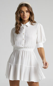 Meriame Collared Puff Sleeve Button Up Mini Dress in White