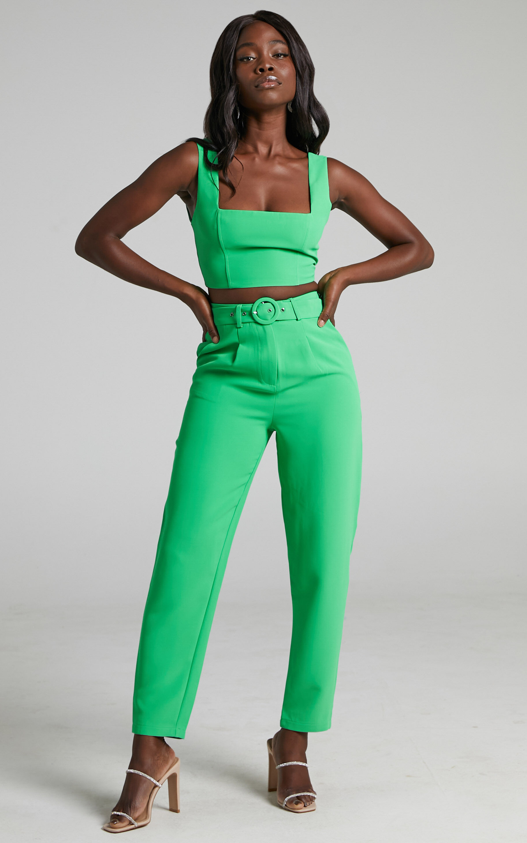 Reyna Crop Top and Tailored Pants Two Piece Set in Green - 04, GRN1, super-hi-res image number null