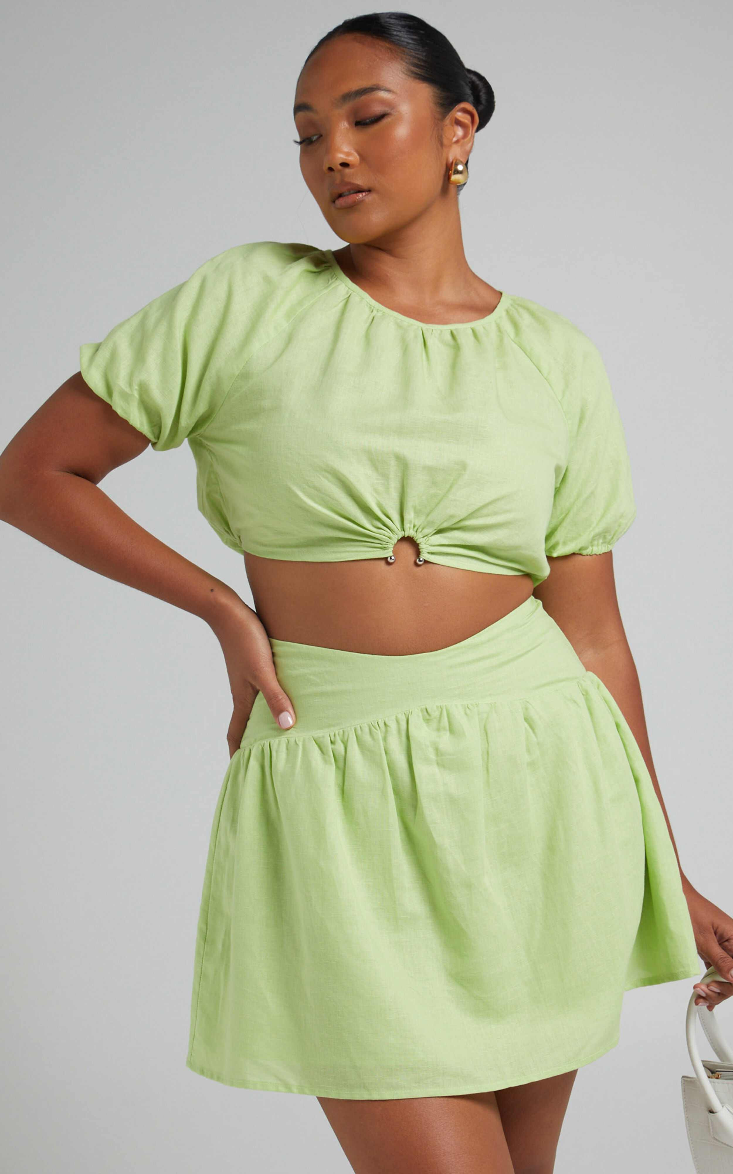 Georgina Puff Sleeve Mini Two Piece Set in Lime - 06, GRN2, super-hi-res image number null