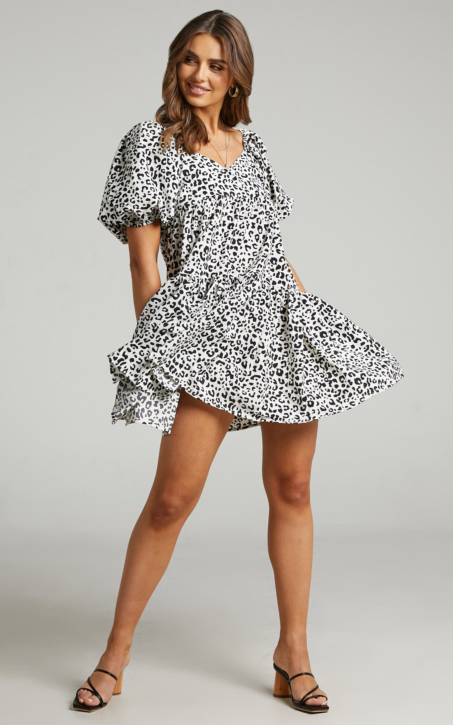 Maggie Puff Sleeve Tiered Mini Dress in Black Print - 04, BLK1, super-hi-res image number null