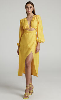 Demieh Front Cut Out Long Sleeve Midi Dress in Bright Yellow