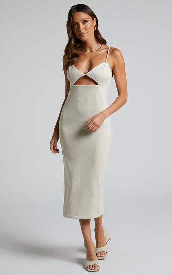 Phoebe Faux Suede Cut Out Midi Dress in Stone