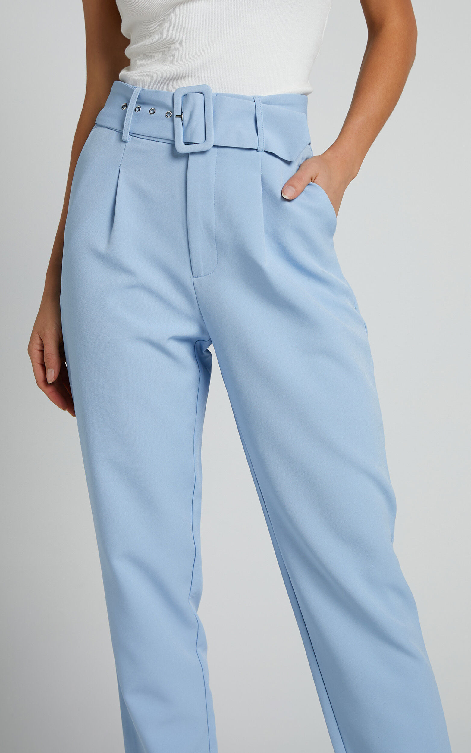 Milica Trousers - Belted High Waisted Trousers in Pastel Blue | Showpo USA