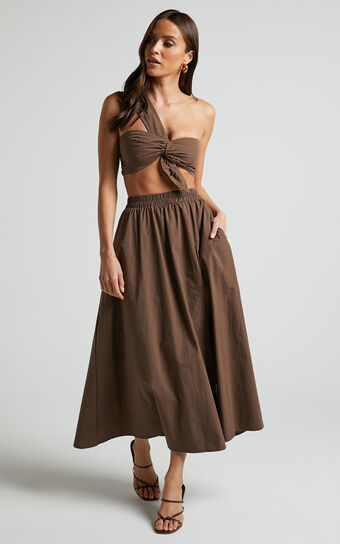 Sula Two Piece Set - One Shoulder Bralette Crop Top and Midaxi Skirt Set in Chocolate