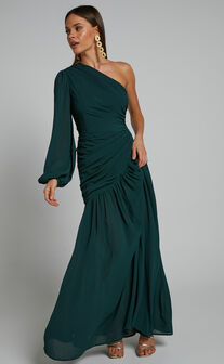 Grittah Midi Dress - One Shoulder Bishop Sleeve High Split Ruched Dress in Emerald