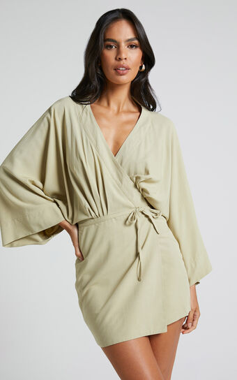 Ayelin Mini Dress - Kimono Sleeve Wrap Dress in Light Khaki
