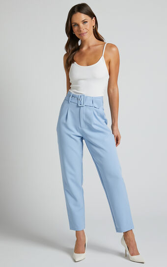 Milica Trousers - Belted High Waisted Trousers in Pastel Blue