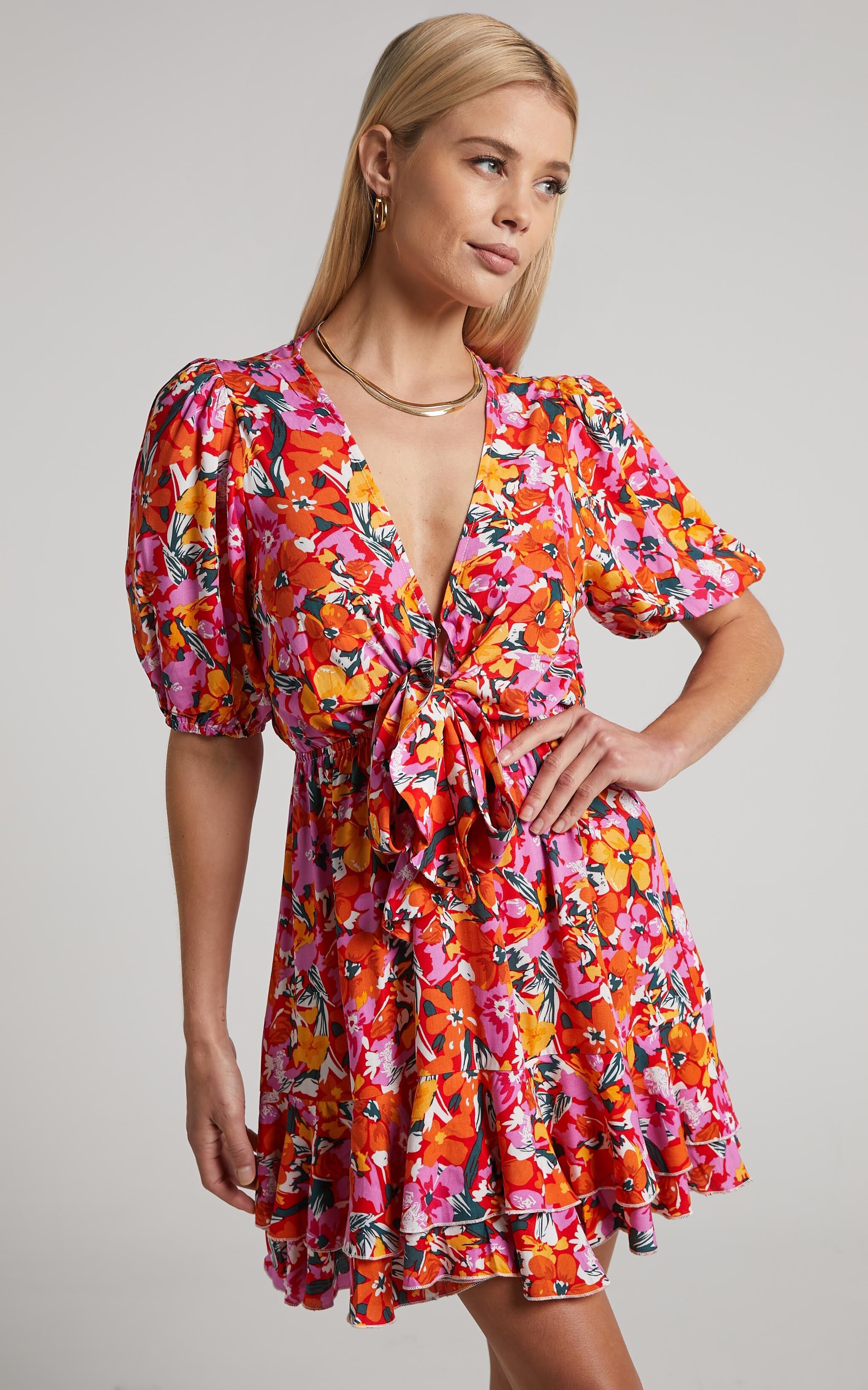 Dyliah Mini Dress - Tie Front Puff Sleeve Mini Dress in Spring Floral - 08, MLT1, super-hi-res image number null