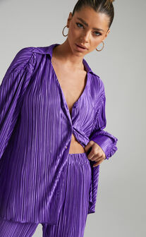 Beca Plisse Button Up Shirt in Purple