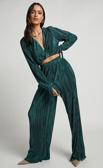 Aluna Plisse Twist Front Crop Top and Wide Leg Pants Two Piece Set in Forest Green