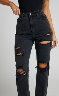 Billie High Waisted Recycled Cotton Distressed Mom Jeans in Black Wash