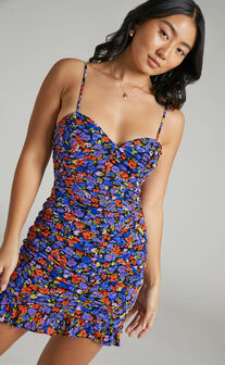 Eithna Ruched Front Strappy Mini Dress in Dark Floral