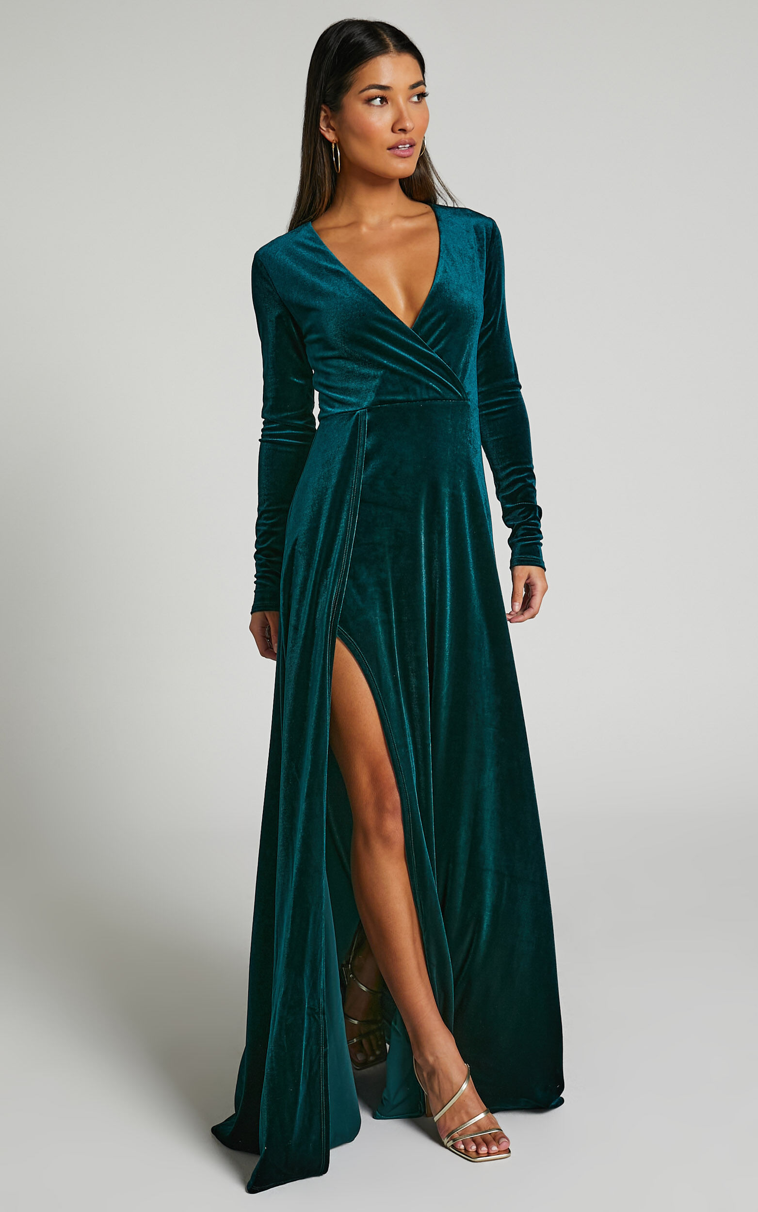 Sloane Maxi Dress - Long Sleeve Wrap Dress in Emerald - 04, GRN1