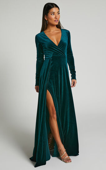 Sloane Maxi Dress - Long Sleeve Wrap Dress in Emerald