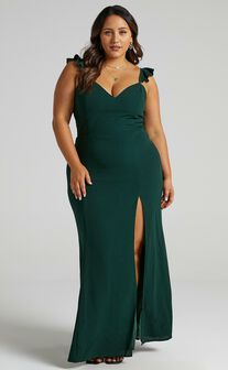 More Than This Midaxi Dress - Ruffle Strap Thigh Split Dress in Emerald